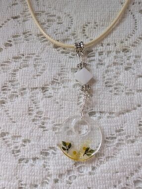 Handmade White and Yellow Floral Resin Pendant Necklace